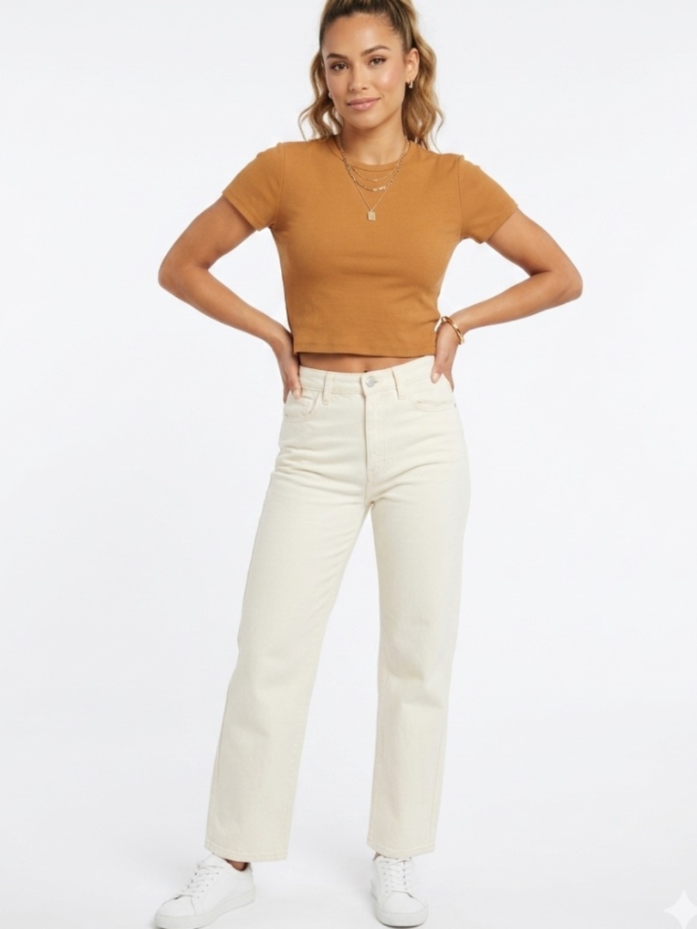 House of Harlow 1960 Ribbed Crewneck Cropped Tee Carmel Gold Size Small